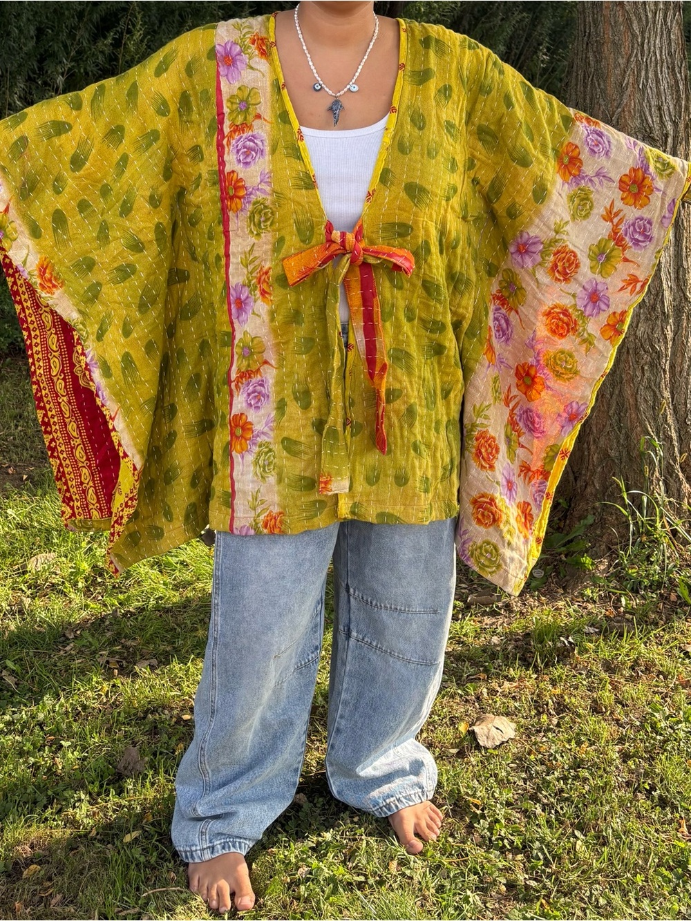 Butterfly shaped floral kantha kimono